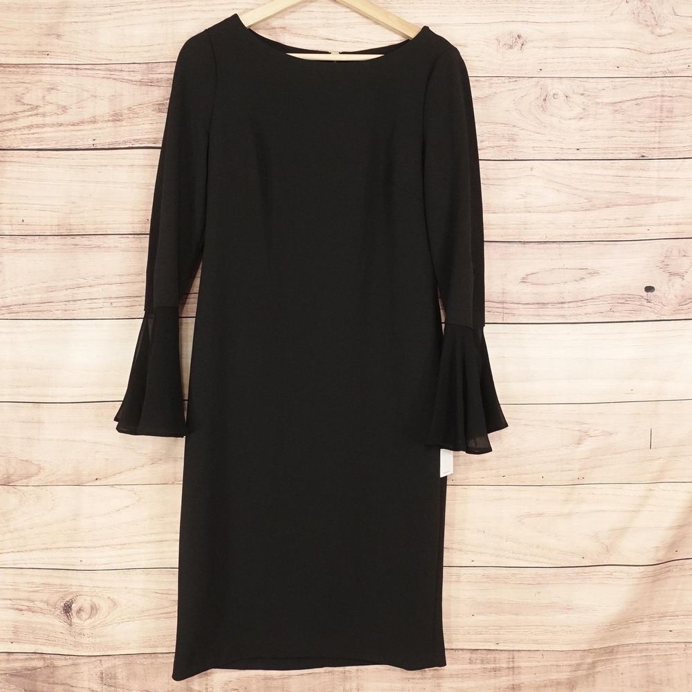 Calvin Klein Dress Womens 10 Black Sheath Bell Sleeve Zip Back Knee Length